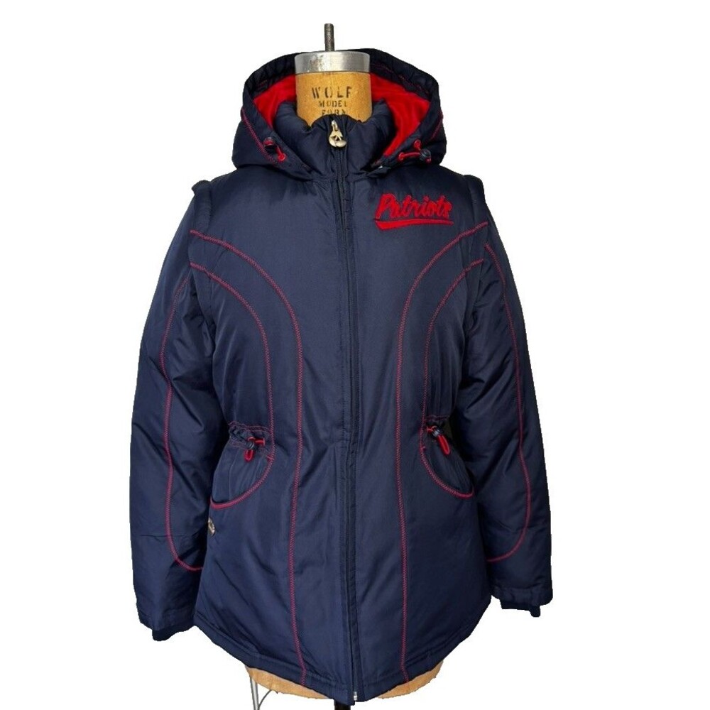 Rare NE Patriots NFL Womens Navy 2-in-1 Puffer 80's 90's Y2K Hooded Coat Vest M